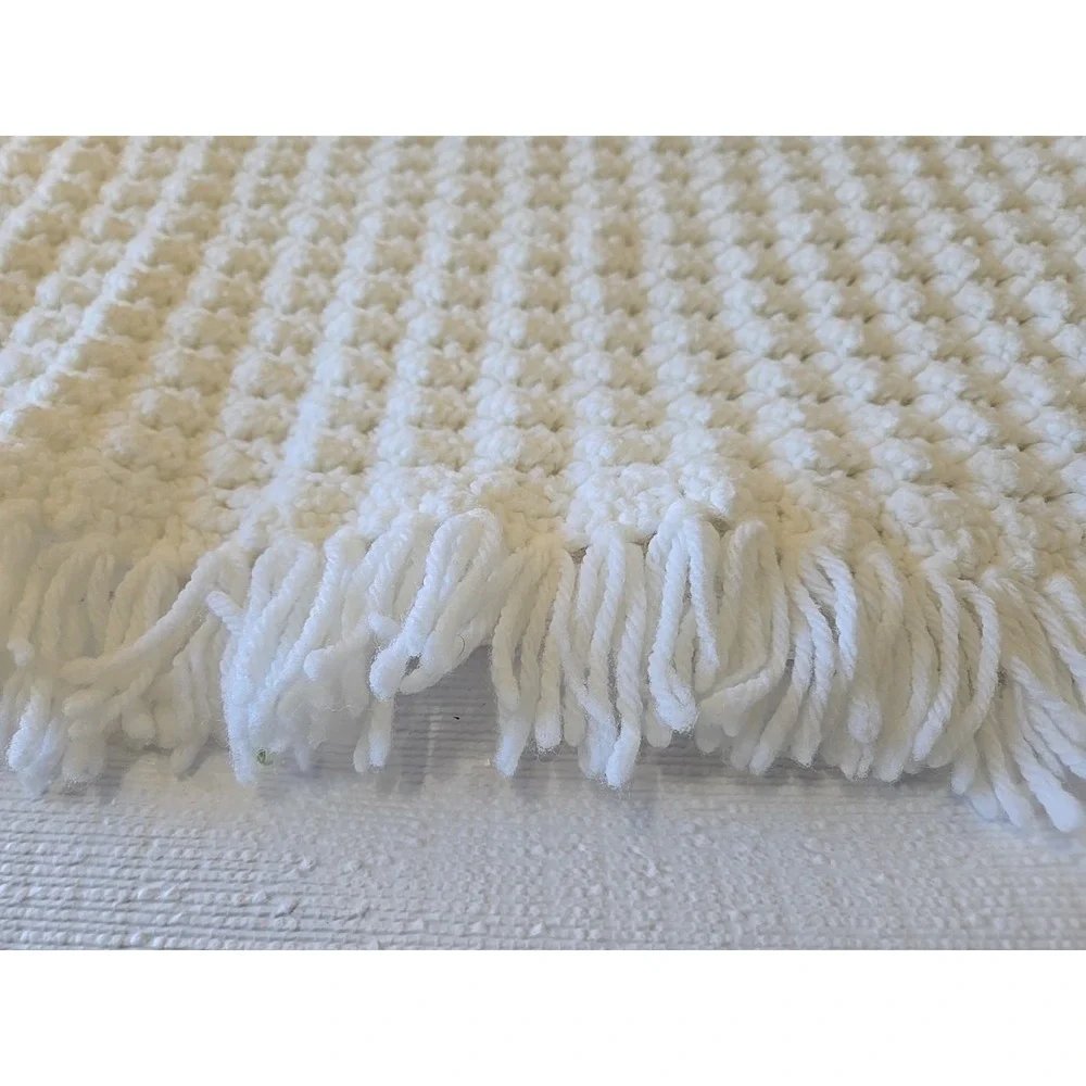 VTG Crochet Afghan Blanket White Throw Handmade Grannycore  Baby Blanket 37x37